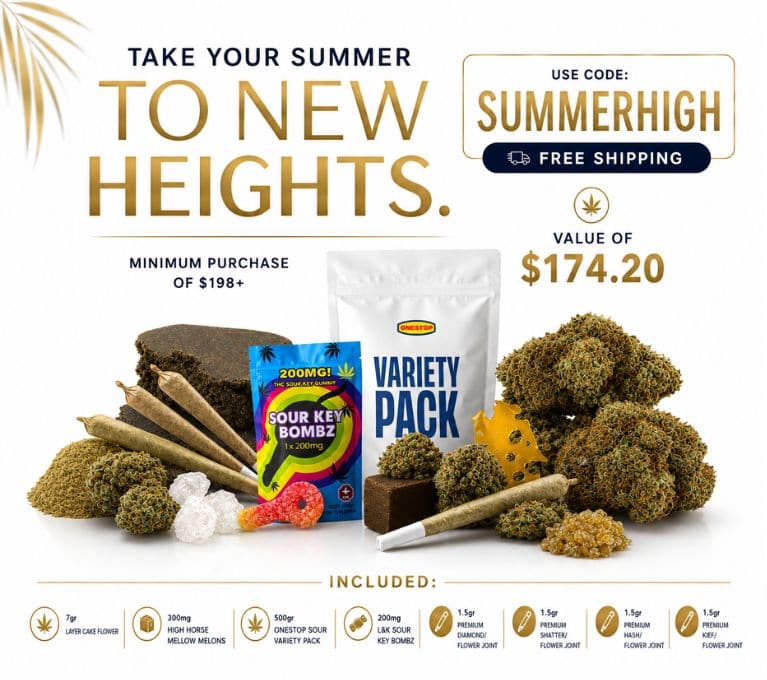 Summer promotional cannabis bundle banner featuring the headline "Take Your Summer to New Heights," promo code SUMMERHIGH, free shipping, $174.20 value with $198 minimum purchase, and an assortment of premium cannabis flower, pre-rolls, hash, gummies, concentrates, and a variety pack on a clean white background.