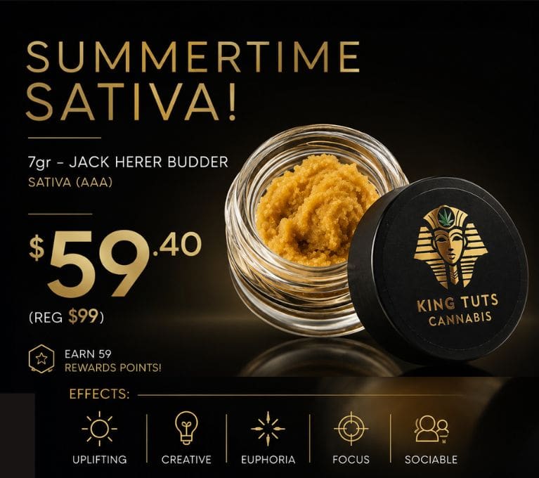 Summertime Sativa promotion featuring 7g Jack Herer Budder (AAA) cannabis concentrate for $59.40, regularly $99, in a premium glass jar on a black luxury background.