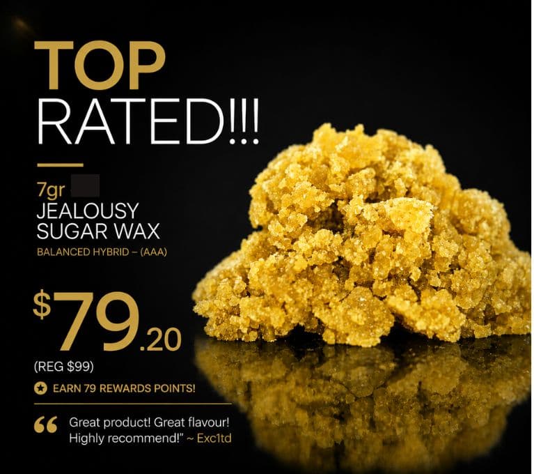 Top Rated promotion featuring 7g Jealousy Sugar Wax (AAAA) balanced hybrid for $79.20, displayed as golden sugar wax crystals on a black background with a customer review and rewards points.