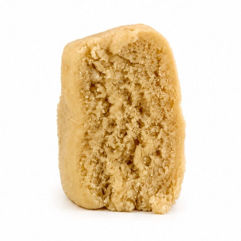 Close-up Pale yellow cannabis extract with a crumbly texture displayed upright on a white background