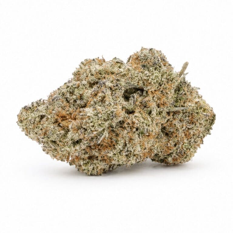 subzero Image of cannabis bud with frosty trichomes on a crisp white background
