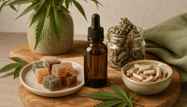 CBD wellness products with gummies, tincture oil, capsules, and cannabis leaves arranged on a natural wood surface.