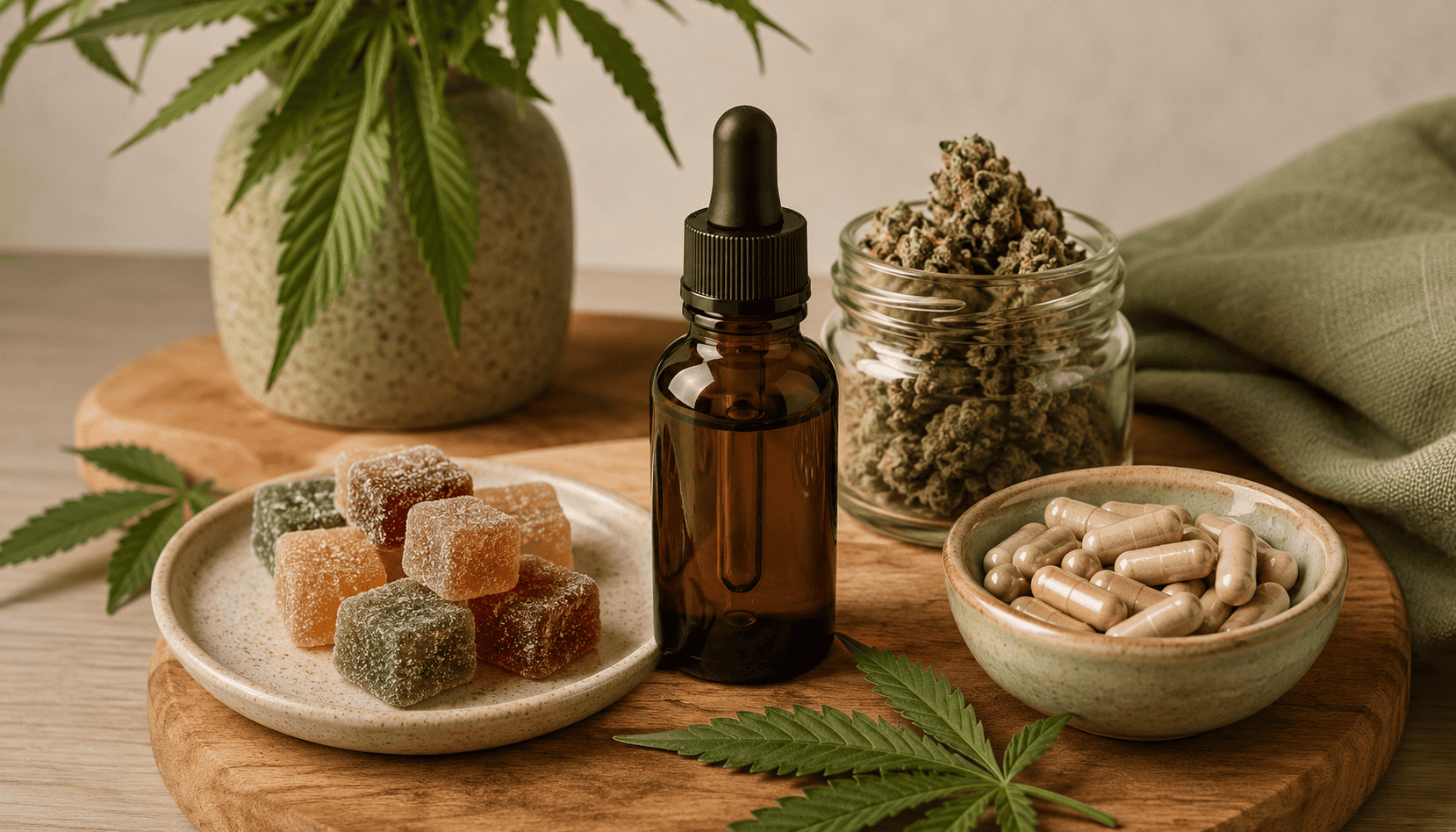 CBD wellness products with gummies, tincture oil, capsules, and cannabis leaves arranged on a natural wood surface.