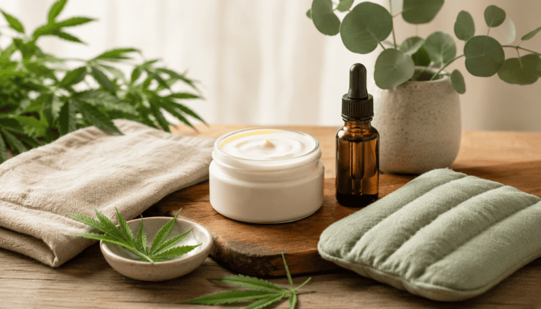 Hemp-infused skincare cream and dropper bottle arranged with green leaves, natural fabrics, and plants on a wooden surface.