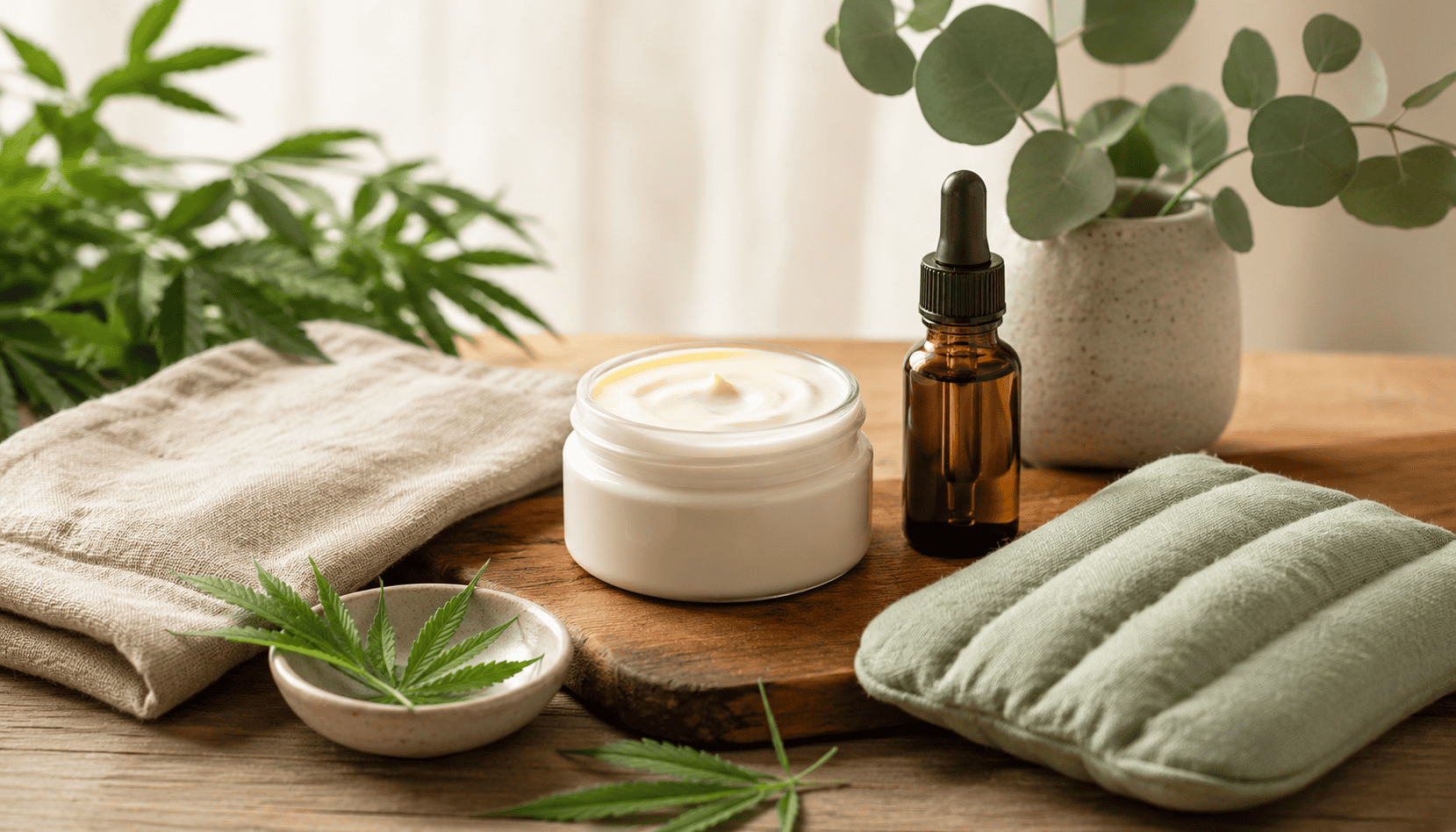 Hemp-infused skincare cream and dropper bottle arranged with green leaves, natural fabrics, and plants on a wooden surface.