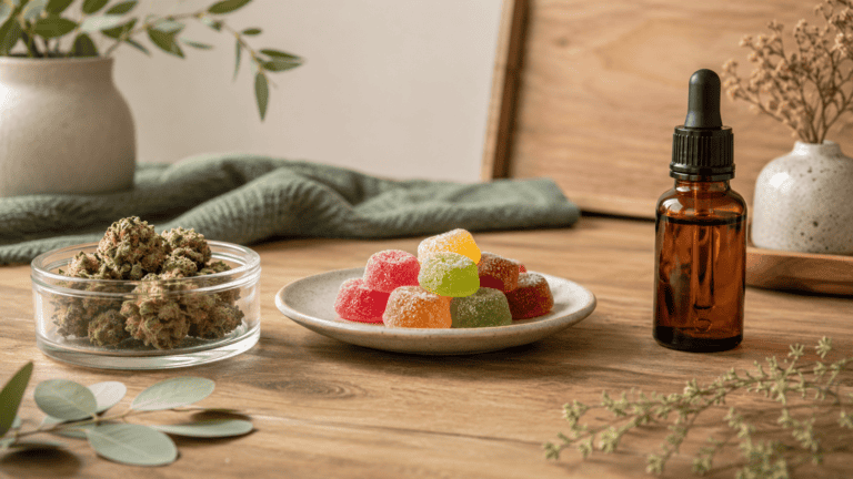 Cannabis flower, THC:CBD edibles and cannabis oil displayed in different product formats