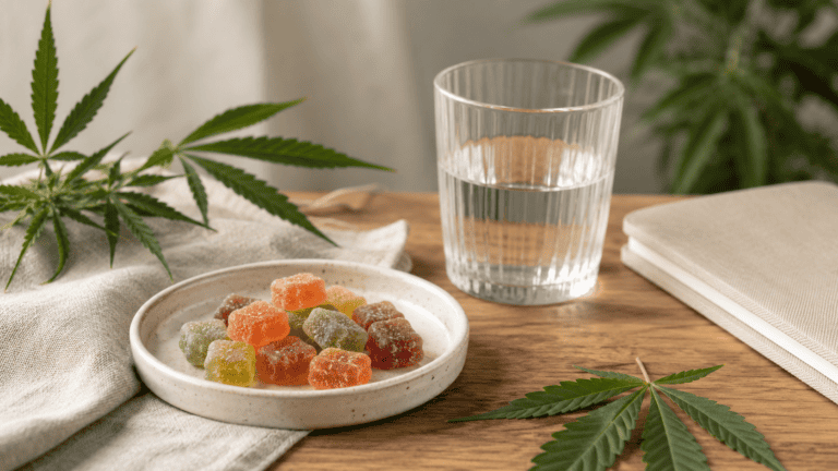 CBD gummies beside a glass of water with cannabis leaves in the background