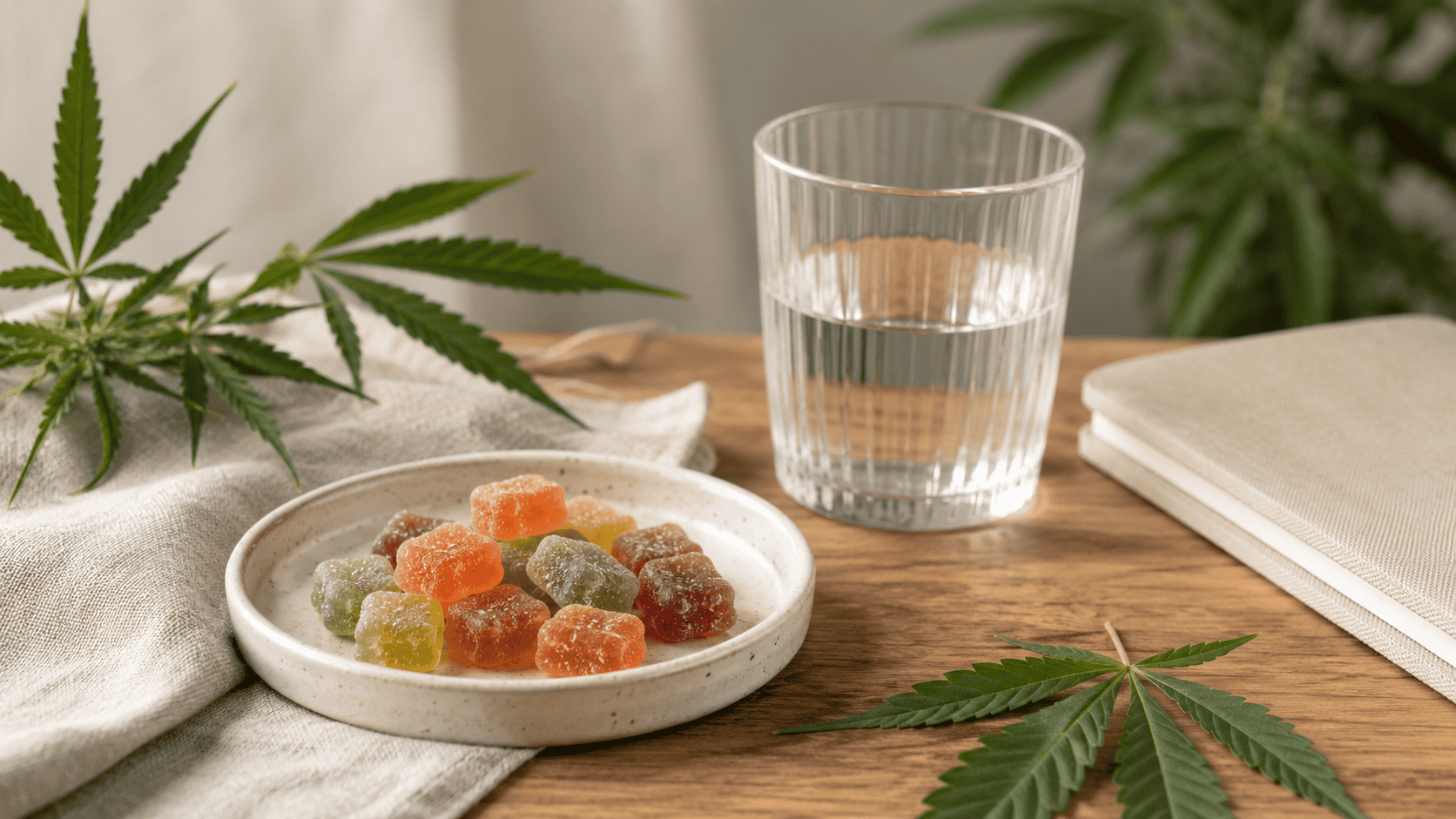 CBD gummies beside a glass of water with cannabis leaves in the background
