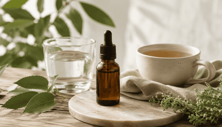 Amber wellness dropper bottle beside herbal tea, water and fresh green leaves on a wooden tray