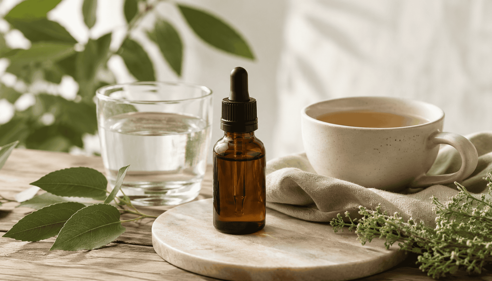 Amber wellness dropper bottle beside herbal tea, water and fresh green leaves on a wooden tray