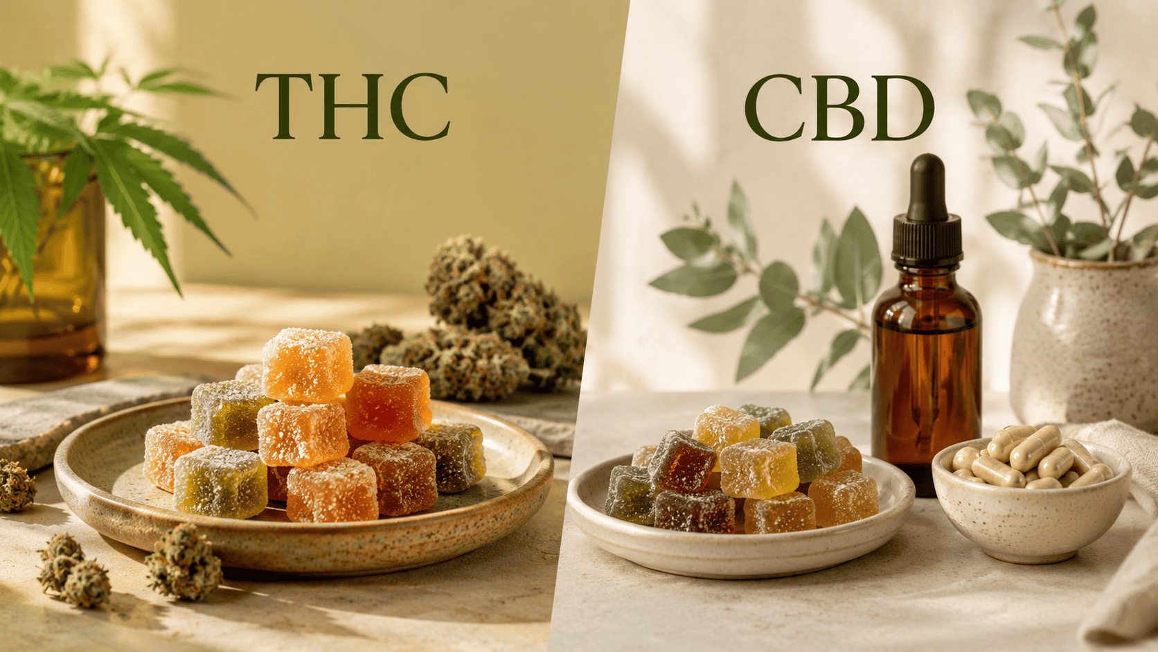 THC and CBD gummies displayed with cannabis flower and CBD oil bottles