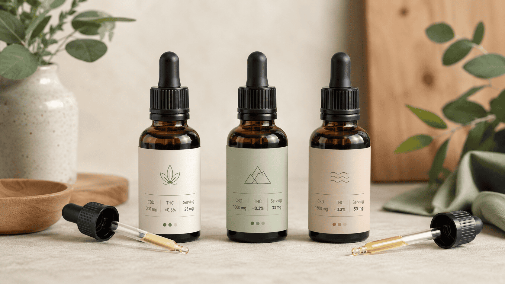 Three amber dropper bottles with botanical labels displayed on a neutral surface with greenery in the background