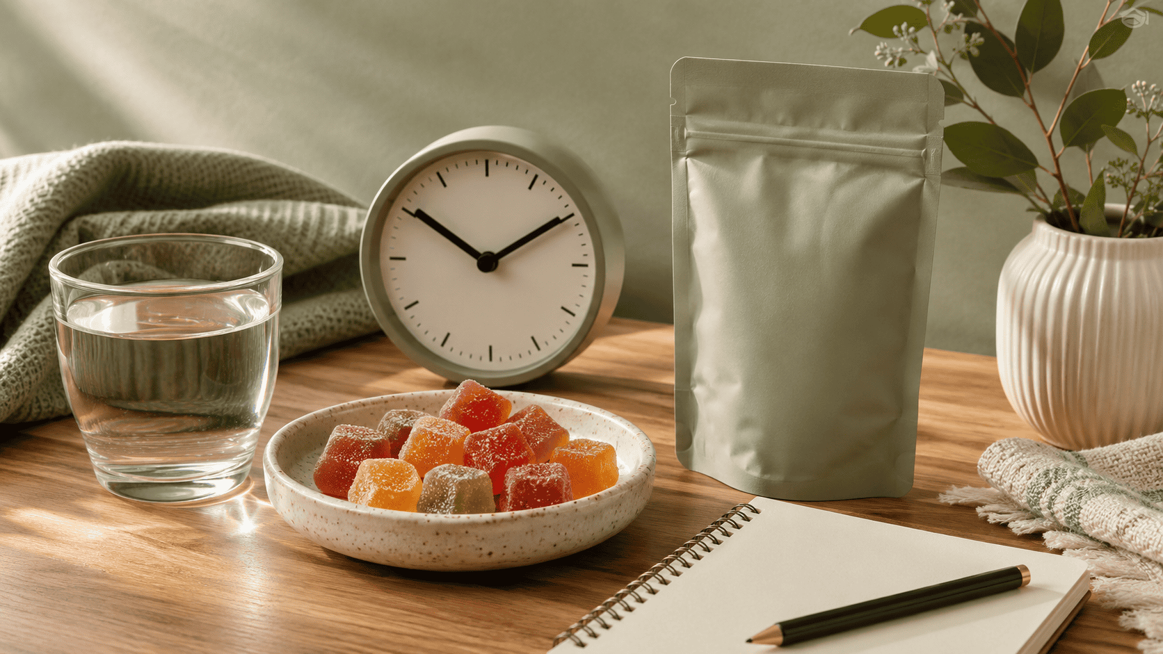 CBD gummies beside a glass of water, clock and wellness journal