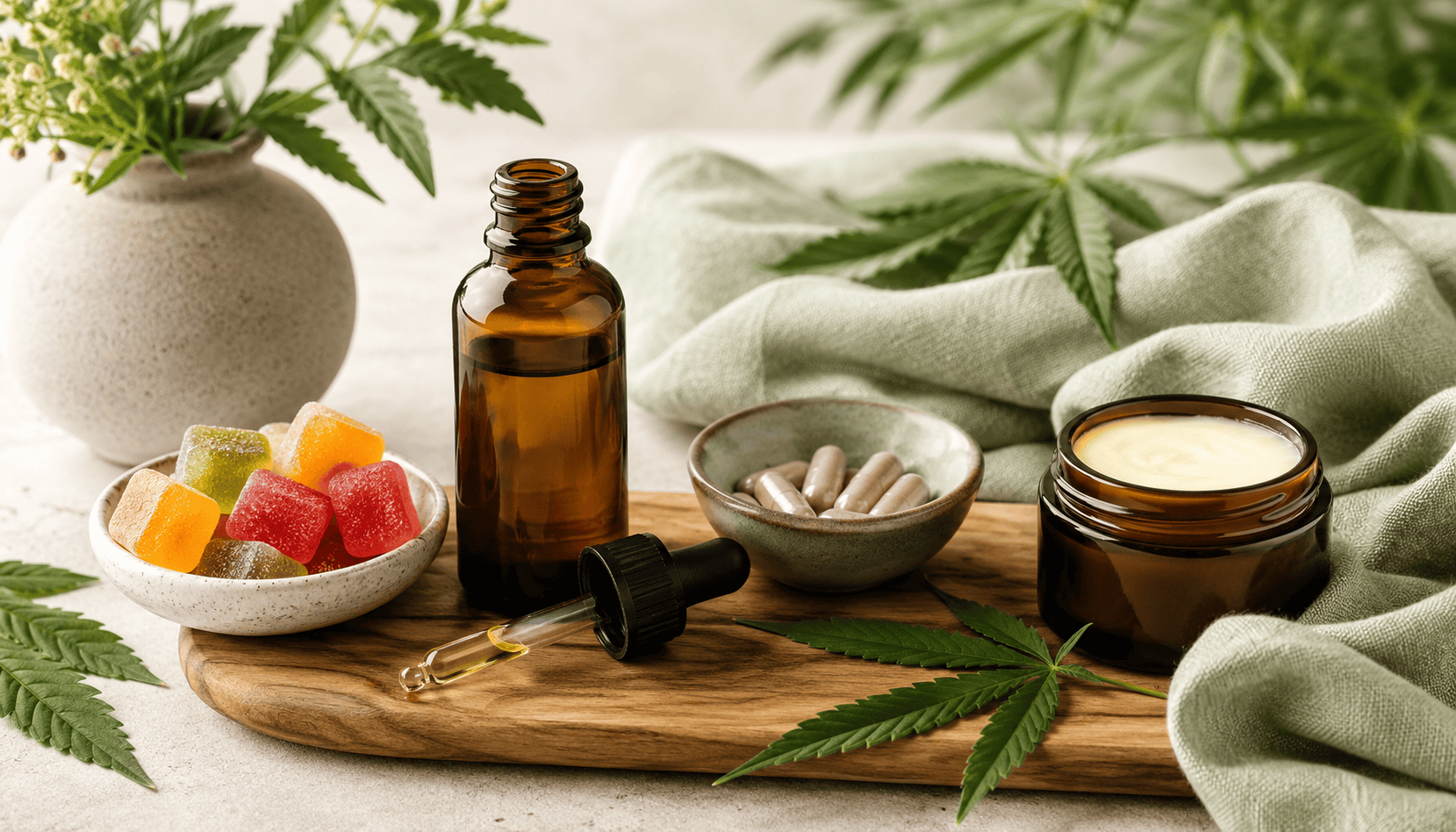 Amber dropper bottle with cannabis leaf, gummies, capsules and wellness products arranged with greenery on a wooden surface
