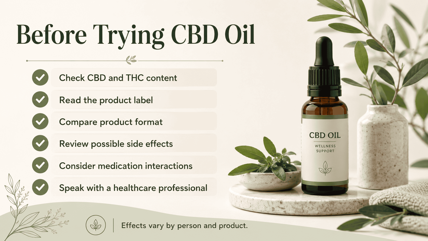 Before trying CBD oil checklist with product bottle, plant and wellness items