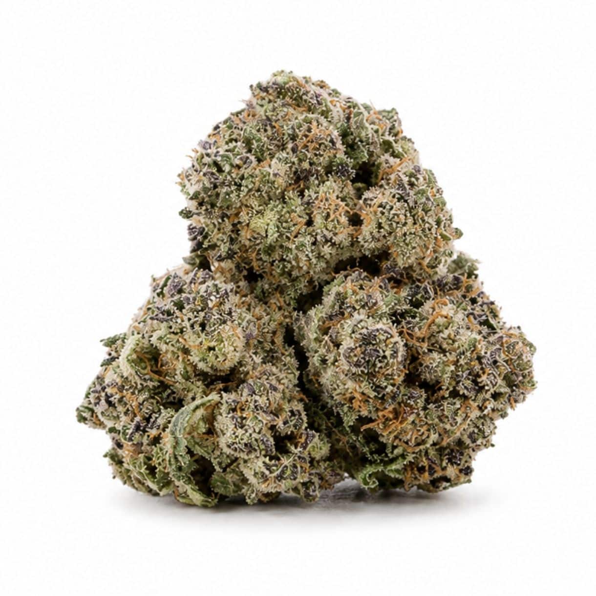 Image of cannabis bud with frosty trichomes on a crisp white background
