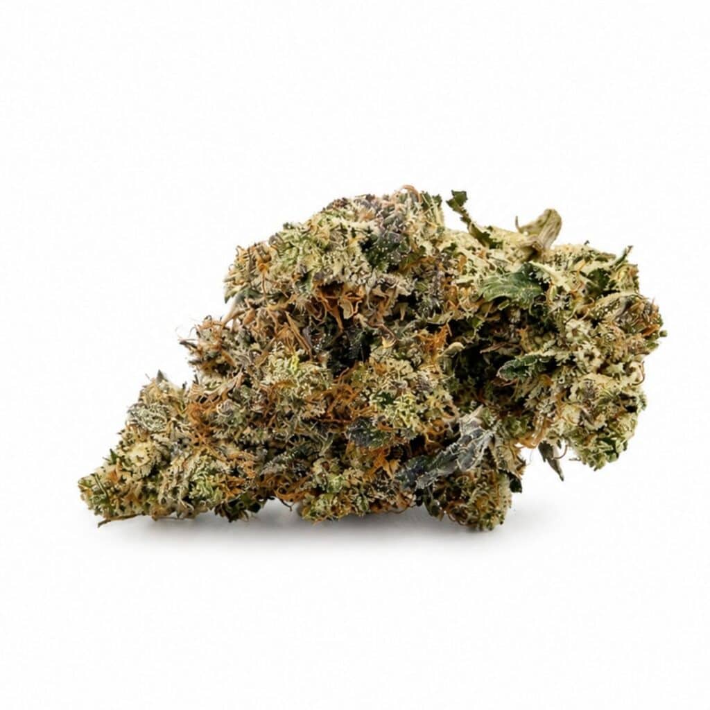 island pink kush Image of cannabis bud with frosty trichomes on a crisp white background