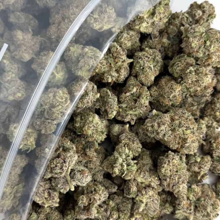 close-up image of cannabis buds spilling out of a clear ZIP-ZAG plastic bag onto a white surface, showing dense green nugs with visible trichomes and orange hairs.