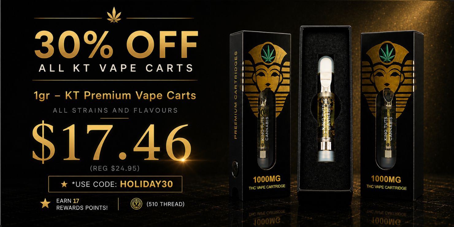 30% Off all KT Vape Carts banner featuring KT Premium Vape Carts. Price $17.46 with code HOLIDAY30, regular price $24.95. Earn 17 rewards points.