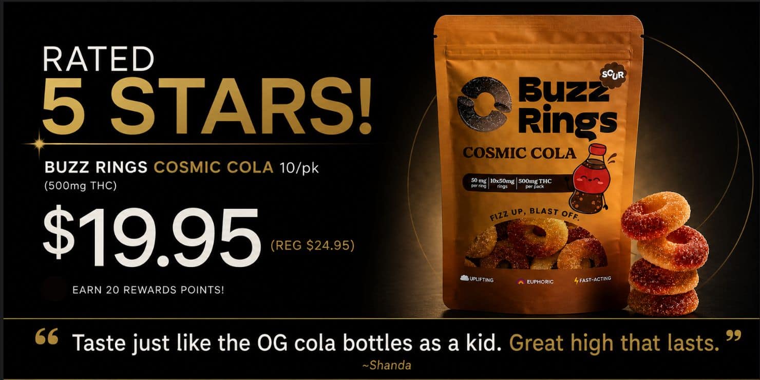 Buzz Rings Comic Cola 10mg cannabis edibles, rated 5 stars, priced at $19.95, with cola-flavoured gummy rings.