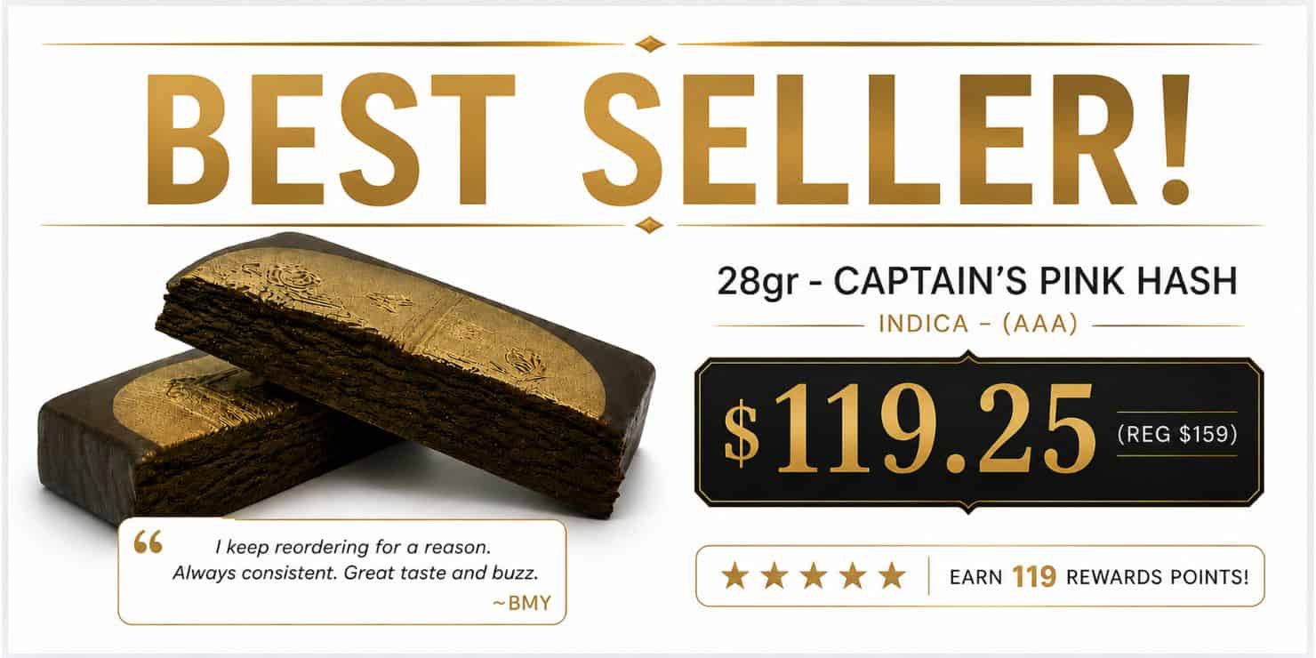 Best Seller 28g Captain’s Pink Hash for $119.25, featuring dark pressed hash bars and customer review.