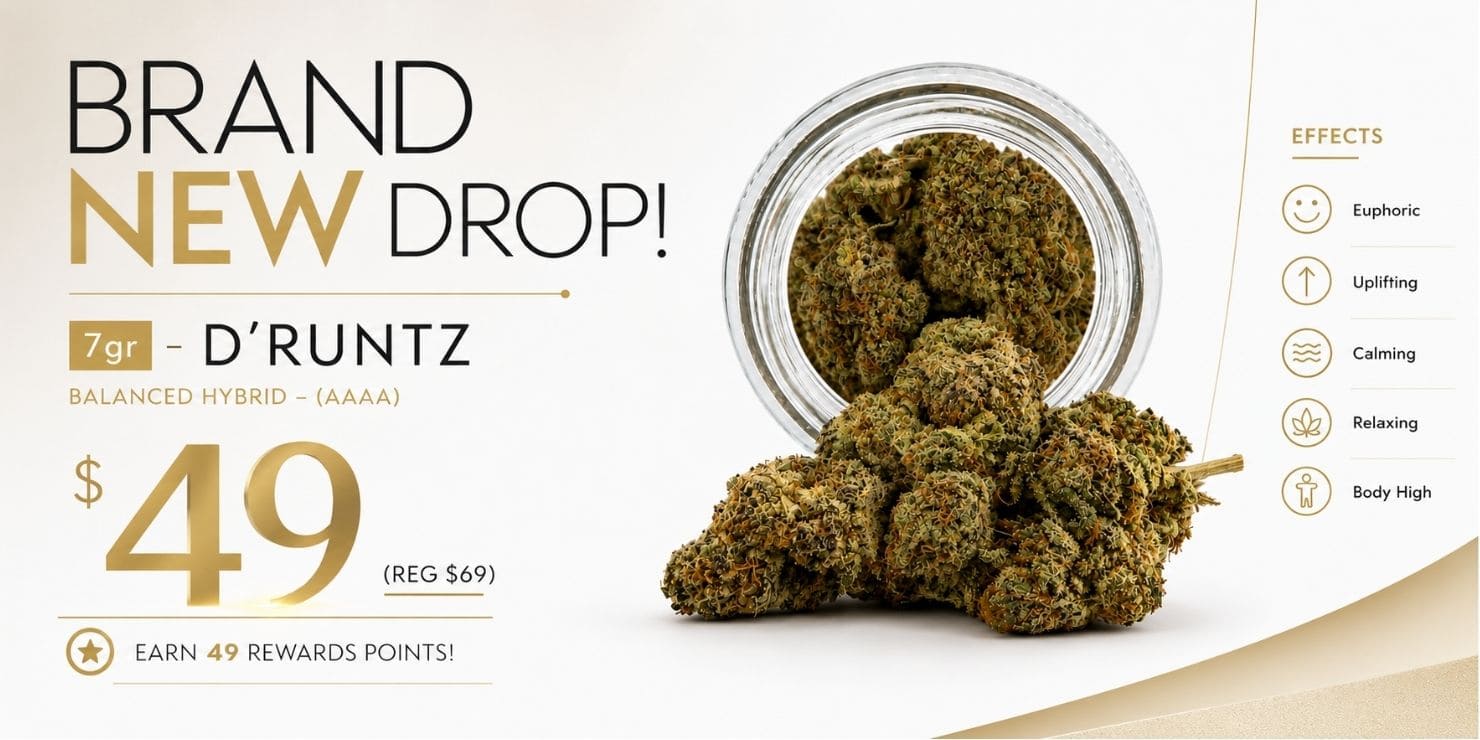 King Tut’s Cannabis brand new drop featuring 7g D’Runtz balanced hybrid flower for $49, regularly $69. Earn 49 rewards points. Effects include euphoric, uplifting, calming, relaxing, and body high.