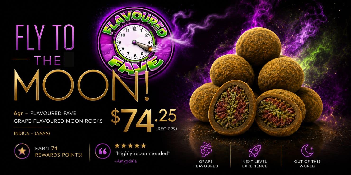 Flavoured Fave grape flavoured moon rocks 6 gram AAAA indica promotional sale for $74.25 featuring premium cannabis moon rocks, rewards points and customer review