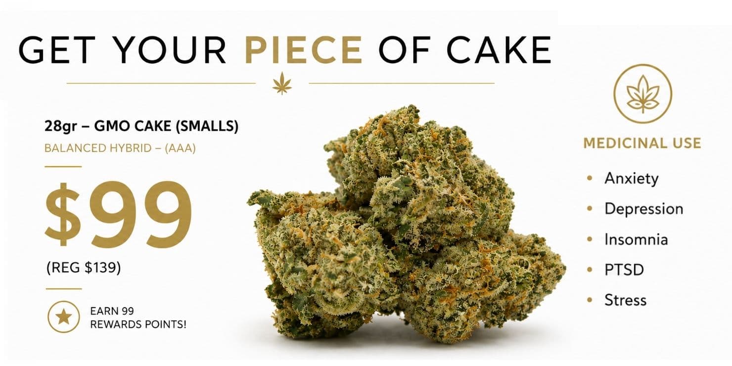 GMO Cake Smalls 28g balanced hybrid cannabis flower, on sale for $99.
