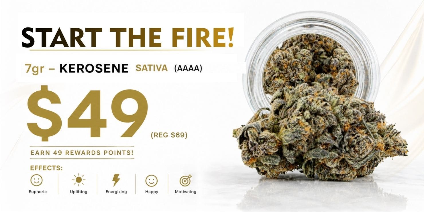 King Tuts Kerosene Sativa AAAA cannabis flower, 7g for $49, regularly $69. Earn 49 rewards points.