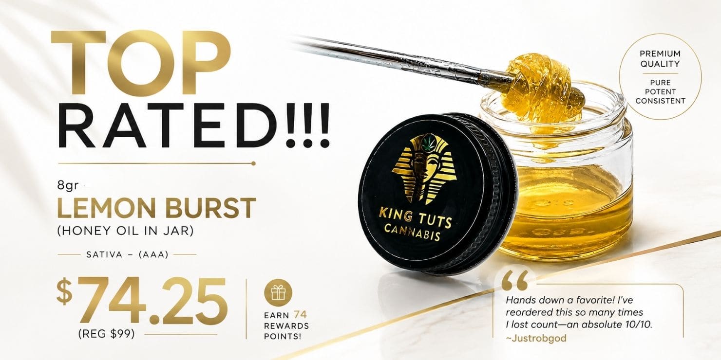 King Tuts Cannabis 8g Lemon Burst Honey Oil in Jar, a premium AAA sativa concentrate on sale for $74.25 (regular $99), featuring a jar of golden honey oil and dab tool.