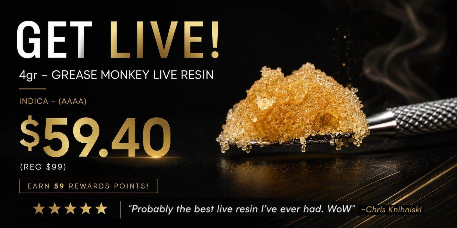Grease Monkey Live Resin 4g indica cannabis concentrate on dab tool, on sale for $59.40.