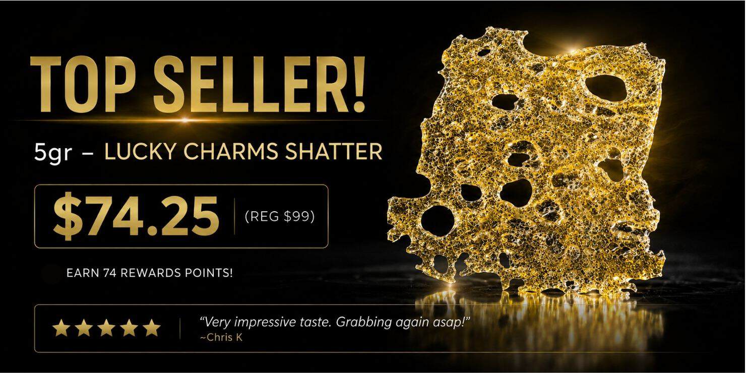 King Tut’s Cannabis Top Seller promotion for 5g Lucky Charms Shatter, priced at $74.25, regularly $99. Earn 74 rewards points. Five-star customer review featured.