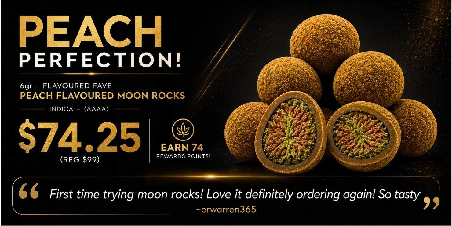 King Tut’s Cannabis Peach Perfection promotion featuring 6g Peach Flavoured Moon Rocks, AAAA indica, for $74.25, regularly $99. Earn 74 rewards points.