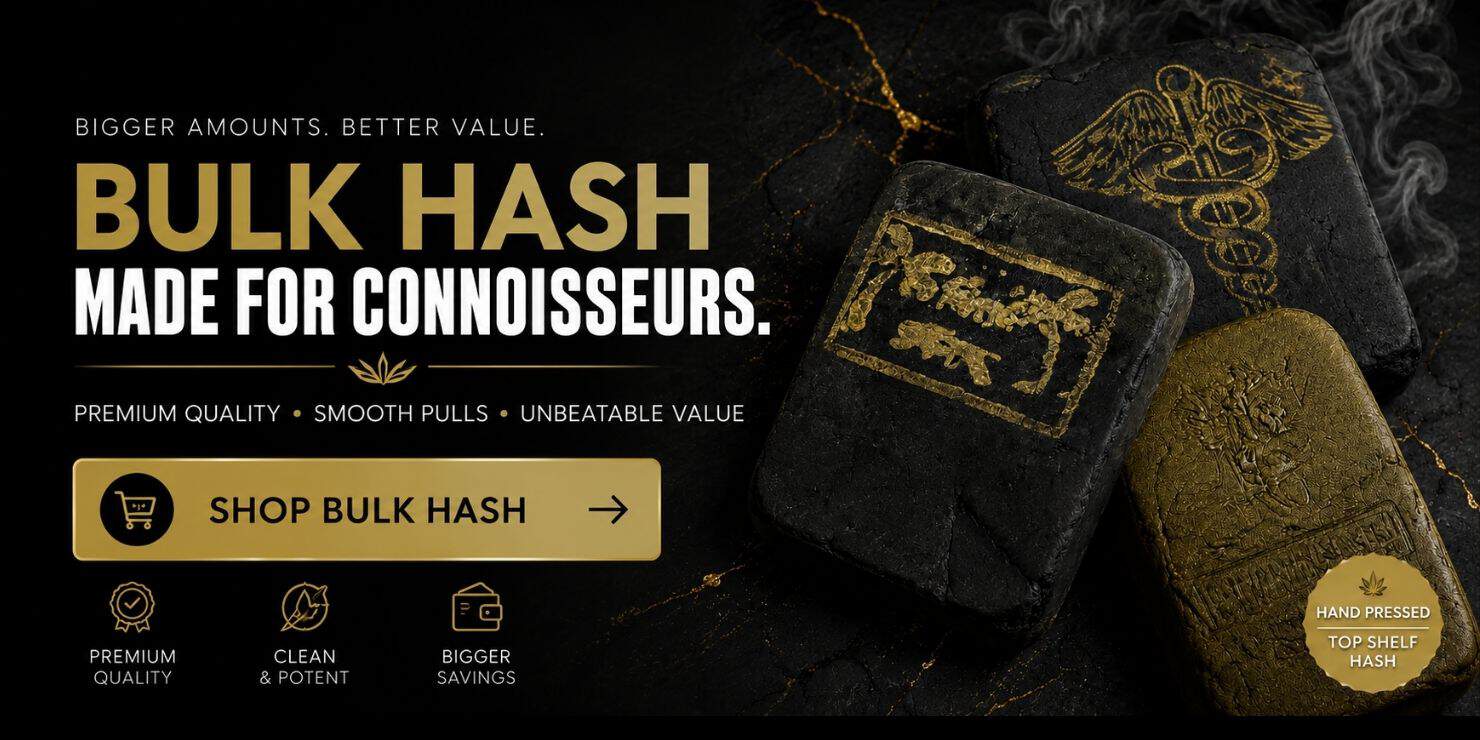 Premium bulk hash banner featuring hand-pressed hash blocks, luxury black and gold design, and a Shop Bulk Hash call-to-action.