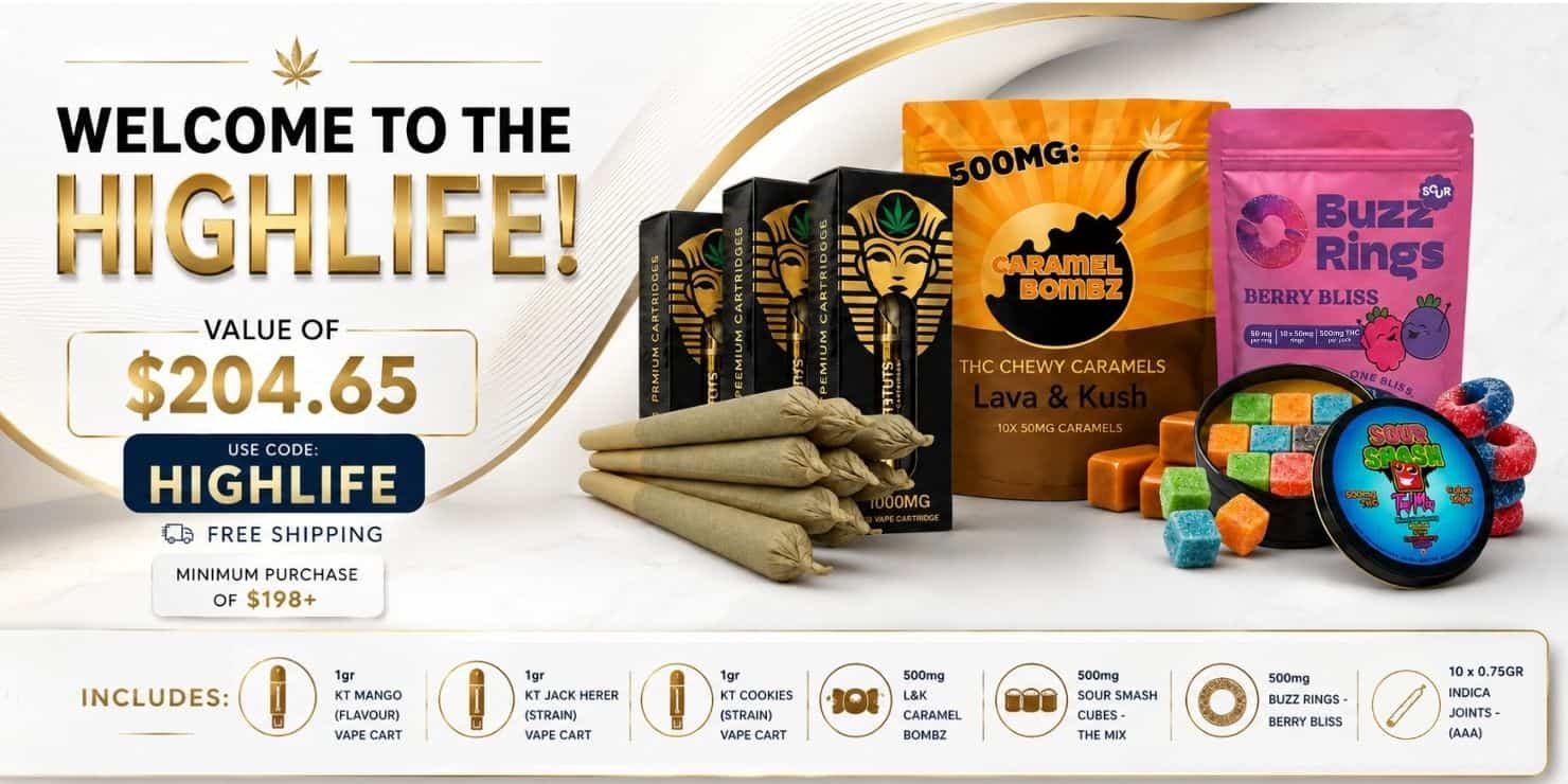King Tut's Cannabis High Life bundle featuring vape cartridges, pre-roll joints, THC caramels, THC gummies and free shipping promotion