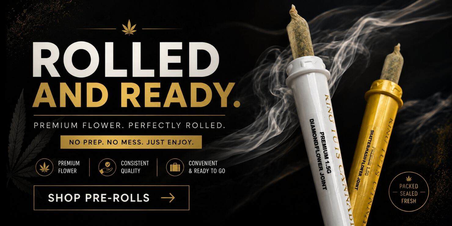 Shop premium pre-rolled joints featuring expertly rolled cannabis flower, consistent quality, ready-to-enjoy convenience, and a call-to-action to browse the King Tuts pre-roll collection.