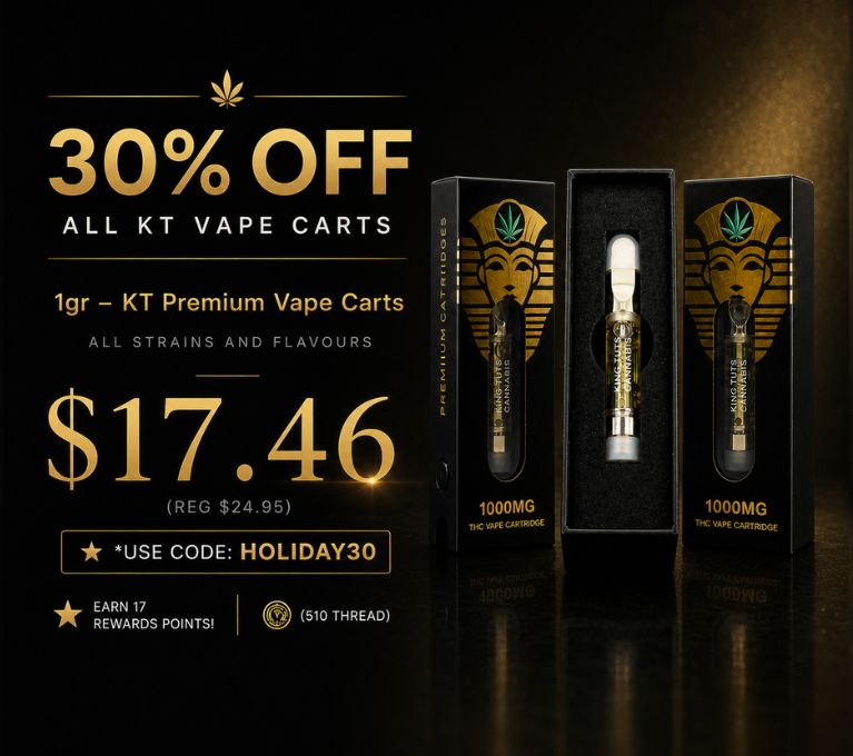 30% Off all KT Vape Carts banner featuring KT Premium Vape Carts. Price $17.46 with code HOLIDAY30, regular price $24.95. Earn 17 rewards points.