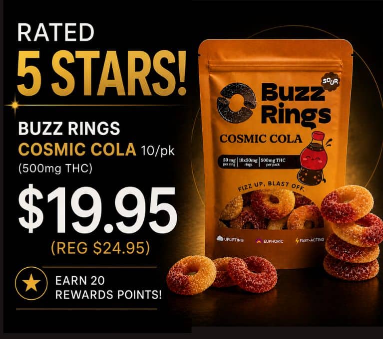 Buzz Rings Comic Cola 10mg cannabis edibles, rated 5 stars, priced at $19.95, with cola-flavoured gummy rings.