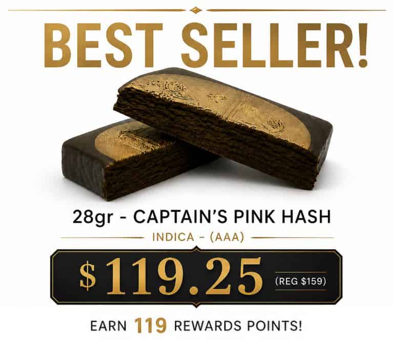 Best Seller 28g Captain’s Pink Hash for $119.25, featuring dark pressed hash bars and customer review.