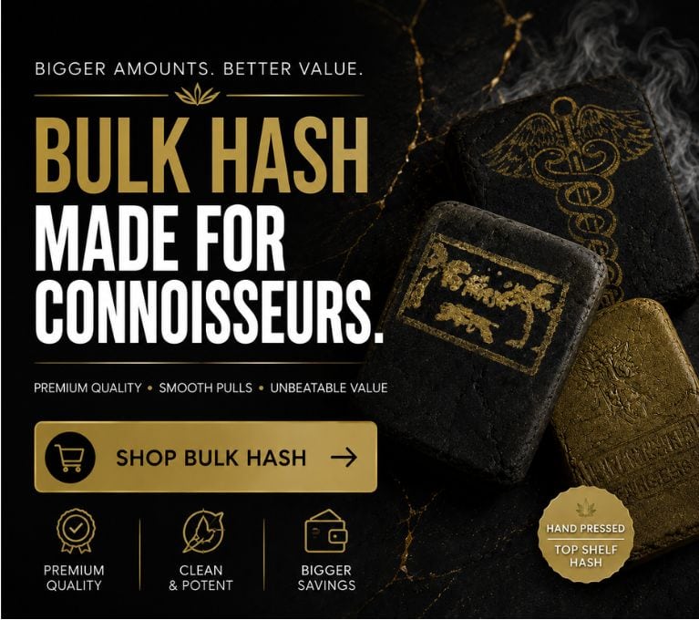 Premium bulk hash banner featuring hand-pressed hash blocks, luxury black and gold design, and a Shop Bulk Hash call-to-action.