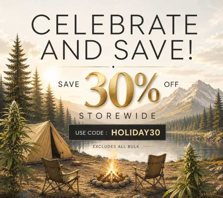 Celebrate and Save banner featuring a mountain campsite with a lake, tent, campfire, and cannabis plants. Save 30% storewide with code HOLIDAY30. Excludes all bulk.