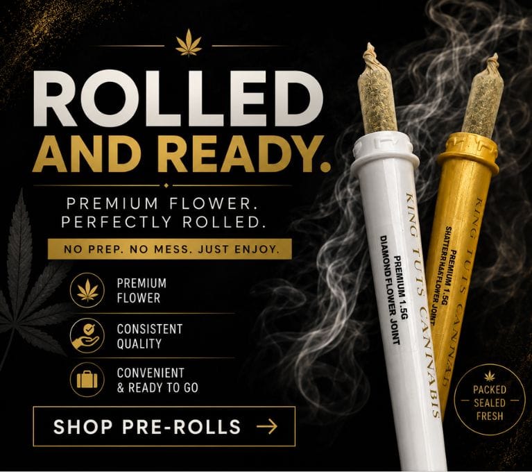 Shop premium pre-rolled joints featuring expertly rolled cannabis flower, consistent quality, ready-to-enjoy convenience, and a call-to-action to browse the King Tuts pre-roll collection.