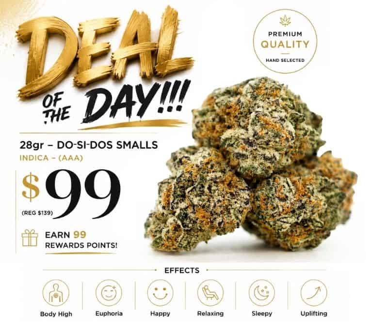 28g Do-Si-Dos Smalls AAA indica cannabis flower on sale for $99 (regular $139), featuring premium buds and effects including relaxation, euphoria, body high, and sleepiness.