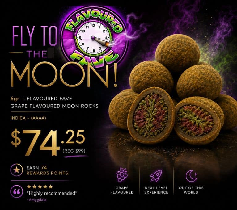 Flavoured Fave grape flavoured moon rocks 6 gram AAAA indica promotional sale for $74.25 featuring premium cannabis moon rocks, rewards points and customer review