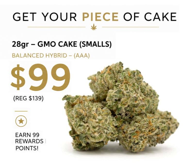 GMO Cake Smalls 28g balanced hybrid cannabis flower, on sale for $99.