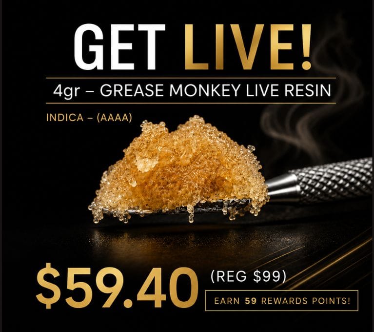 Grease Monkey Live Resin 4g indica cannabis concentrate on dab tool, on sale for $59.40.