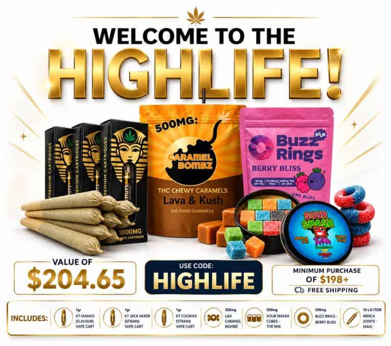 King Tut's Cannabis High Life bundle featuring vape cartridges, pre-roll joints, THC caramels, THC gummies and free shipping promotion