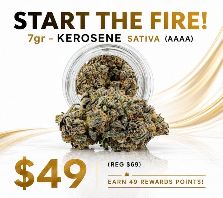 King Tuts Kerosene Sativa AAAA cannabis flower, 7g for $49, regularly $69. Earn 49 rewards points.