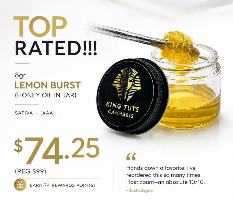 King Tuts Cannabis 8g Lemon Burst Honey Oil in Jar, a premium AAA sativa concentrate on sale for $74.25 (regular $99), featuring a jar of golden honey oil and dab tool.