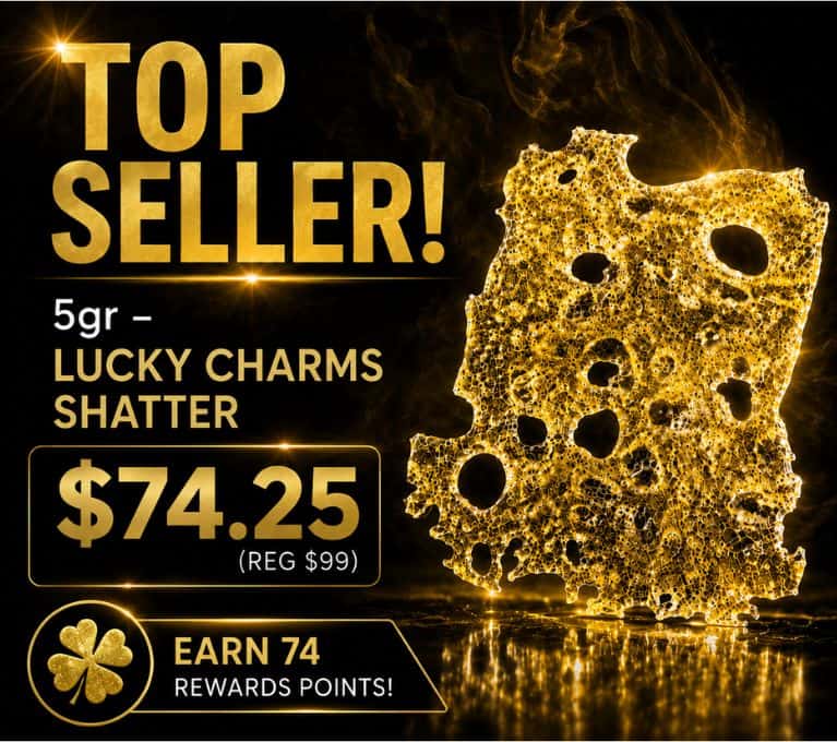 King Tut’s Cannabis Top Seller promotion for 5g Lucky Charms Shatter, priced at $74.25, regularly $99. Earn 74 rewards points. Five-star customer review featured.